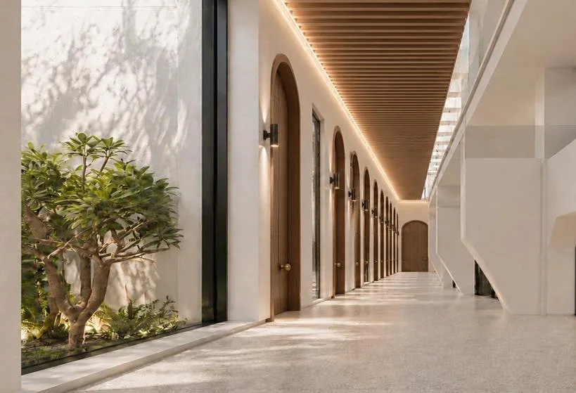 The corridor leading to the rooms
